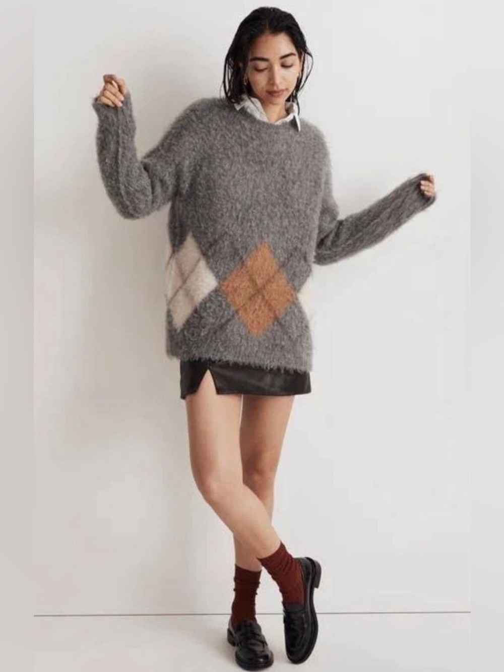 Madewell Marilyn Argyle Grey Shaggy Sweater S Oversized Preppy Fall Alpaca Wool
